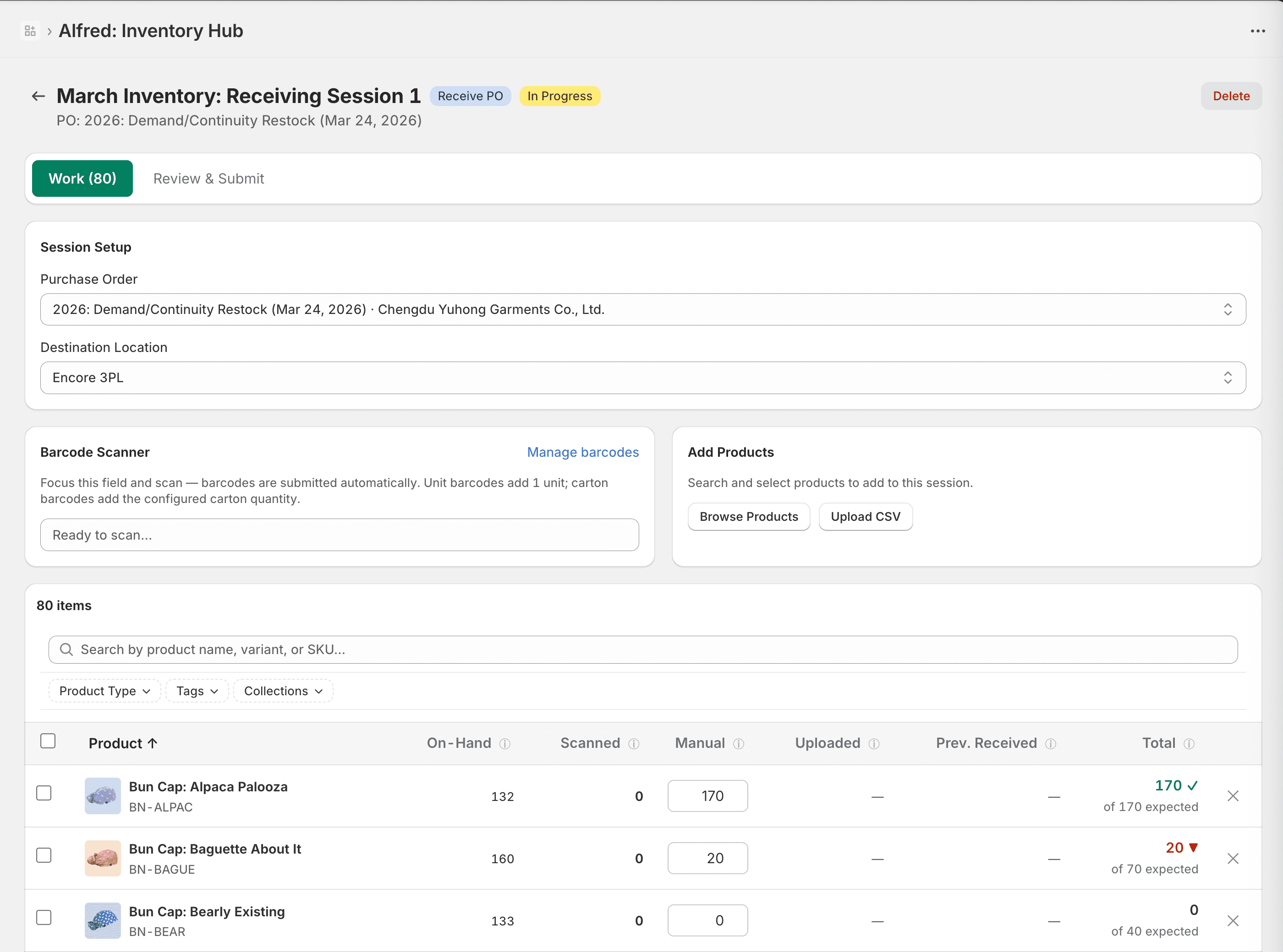 Receiving a purchase order with barcode scanning