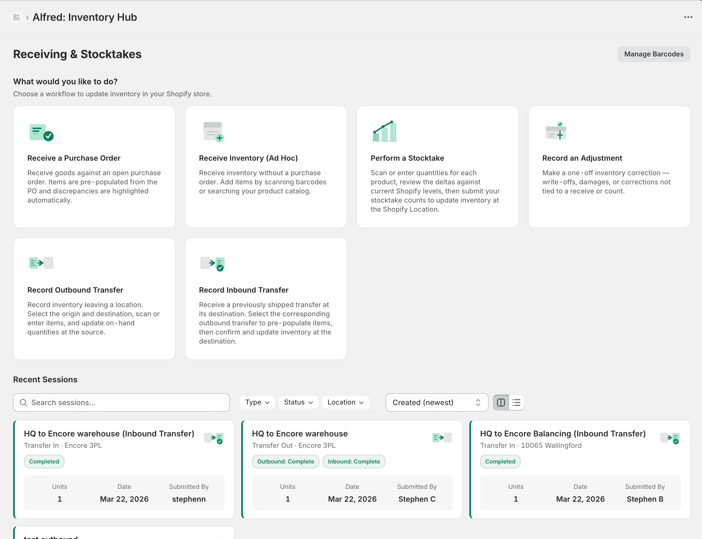 Receiving and stocktakes workflows