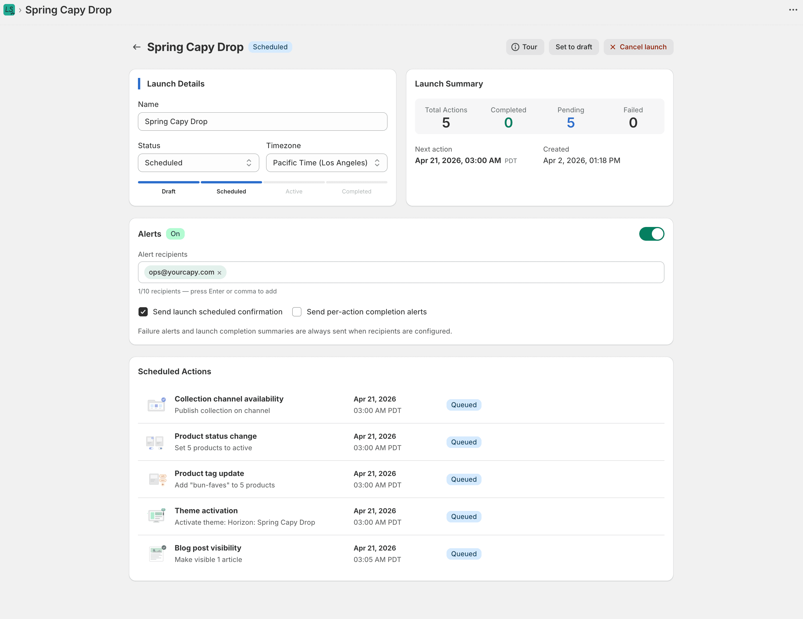Alfred Launch Scheduler — launch detail with scheduled actions