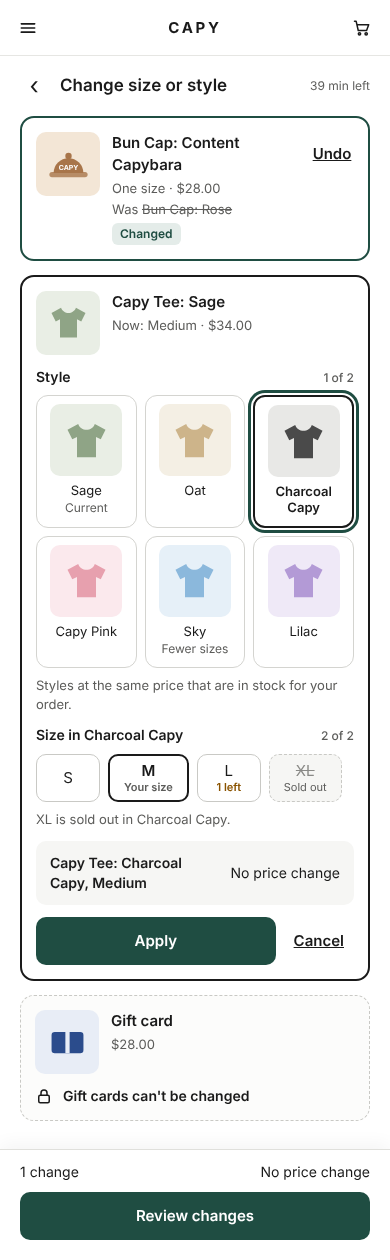 Size-and-style design mockup with color swatches, size options, a sold-out XL, an unchanged price and a Review changes button.